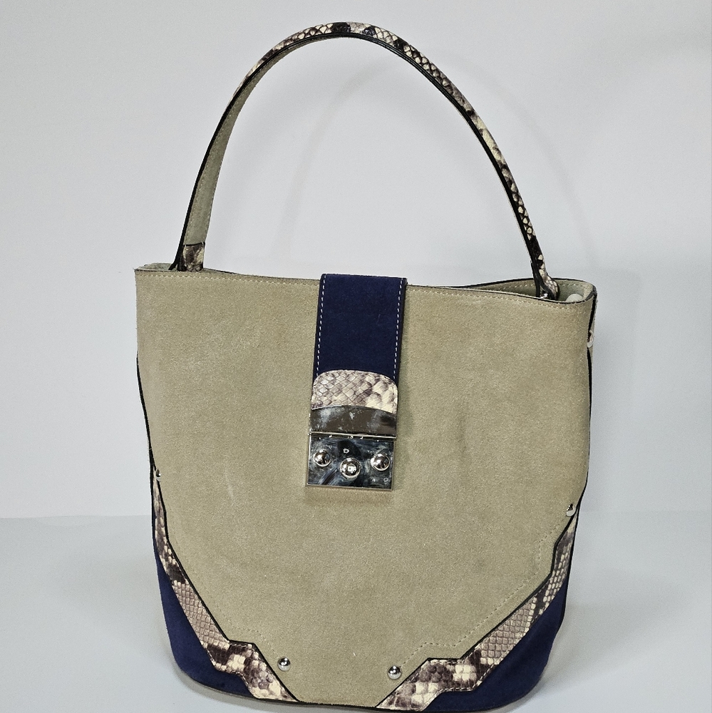 Claudia Firenze Bucket Bag Blue Tan Snakeskin Suede Made in Italy